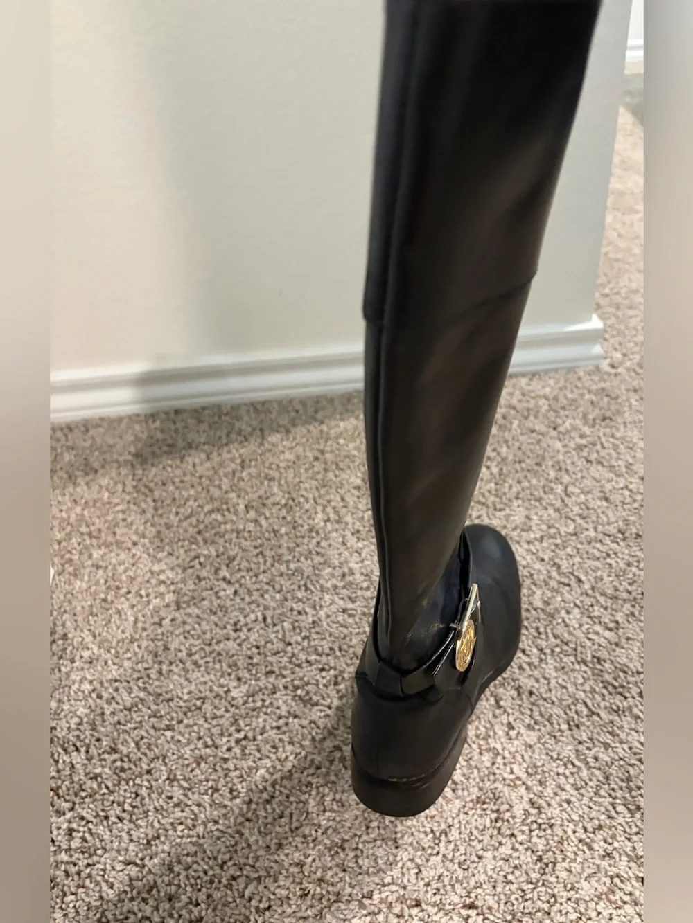 Michael Kors Black Leather Mid-Calf Boots with Gold MK Accent